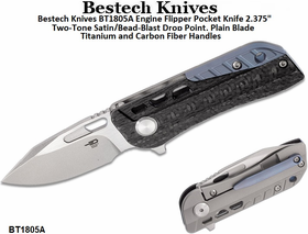 Bestech Knives BT1805A Engine Flipper Pocket Knife 2.375" Two-Tone Satin/Bead-Blast Drop Point, Plain Blade Titanium and Carbon Fiber Handles Bestech Knives BT1805A Engine Flipper Pocket Knife 2.375" Two-Tone Satin/Bead-Blast Drop Point, Plain Blade Titanium and Carbon Fiber Handles