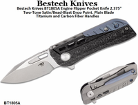 Bestech Knives BT1805A Engine Flipper Pocket Knife 2.375" Two-Tone Satin/Bead-Blast Drop Point, Plain Blade Titanium and Carbon Fiber Handles Bestech Knives BT1805A Engine Flipper Pocket Knife 2.375" Two-Tone Satin/Bead-Blast Drop Point, Plain Blade Titanium and Carbon Fiber Handles