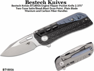 Bestech Knives BT1805A Engine Flipper Pocket Knife 2.375" Two-Tone Satin/Bead-Blast Drop Point, Plain Blade Titanium and Carbon Fiber Handles 