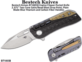Bestech Knives BT1805B Engine Flipper Pocket Knife 2.375" Two-Tone Satin/Bead-Blast Drop Point, Plain Blade Blue Titanium and Carbon Fiber Handles 
