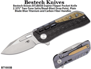 Bestech Knives BT1805B Engine Flipper Pocket Knife 2.375" Two-Tone Satin/Bead-Blast Drop Point, Plain Blade Blue Titanium and Carbon Fiber Handles 