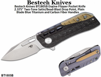 Bestech Knives BT1805B Engine Flipper Pocket Knife 2.375" Two-Tone Satin/Bead-Blast Drop Point, Plain Blade Blue Titanium and Carbon Fiber Handles Bestech Knives BT1805B Engine Flipper Pocket Knife 2.375" Two-Tone Satin/Bead-Blast Drop Point, Plain Blade Blue Titanium and Carbon Fiber Handles