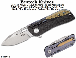 Bestech Knives BT1805B Engine Flipper Pocket Knife 2.375" Two-Tone Satin/Bead-Blast Drop Point, Plain Blade Blue Titanium and Carbon Fiber Handles Bestech Knives BT1805B Engine Flipper Pocket Knife 2.375" Two-Tone Satin/Bead-Blast Drop Point, Plain Blade Blue Titanium and Carbon Fiber Handles