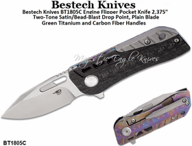Bestech Knives BT1805C Engine Flipper Pocket Knife 2.375" Two-Tone Satin/Bead-Blast Drop Point, Plain Blade Green Titanium and Carbon Fiber Handles Bestech Knives BT1805C Engine Flipper Pocket Knife 2.375" Two-Tone Satin/Bead-Blast Drop Point, Plain Blade Green Titanium and Carbon Fiber Handles
