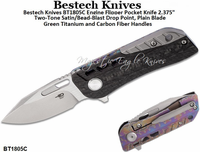 Bestech Knives BT1805C Engine Flipper Pocket Knife 2.375" Two-Tone Satin/Bead-Blast Drop Point, Plain Blade Green Titanium and Carbon Fiber Handles Bestech Knives BT1805C Engine Flipper Pocket Knife 2.375" Two-Tone Satin/Bead-Blast Drop Point, Plain Blade Green Titanium and Carbon Fiber Handles