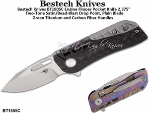 Bestech Knives BT1805C Engine Flipper Pocket Knife 2.375" Two-Tone Satin/Bead-Blast Drop Point, Plain Blade Green Titanium and Carbon Fiber Handles  