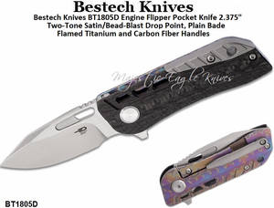 Bestech Knives BT1805D Engine Flipper Pocket Knife 2.375" Two-Tone Satin/Bead-Blast Drop Point, Plain Bade Flamed Titanium and Carbon Fiber Handles 