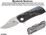 Bestech Knives BT1806A Engine Flipper Pocket Knife 2.375" Two-Tone Satin/Bead-Blast Bowie Plain Blade, Titanium and Carbon Fiber Handles 