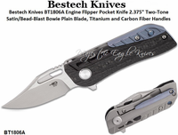 Bestech Knives BT1806A Engine Flipper Pocket Knife 2.375" Two-Tone Satin/Bead-Blast Bowie Plain Blade, Titanium and Carbon Fiber Handles Bestech Knives BT1806A Engine Flipper Pocket Knife 2.375" Two-Tone Satin/Bead-Blast Bowie Plain Blade, Titanium and Carbon Fiber Handles