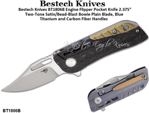 Bestech Knives BT1806B Engine Flipper Pocket Knife 2.375" Two-Tone Satin/Bead-Blast Bowie Plain Blade, Blue Titanium and Carbon Fiber Handles 