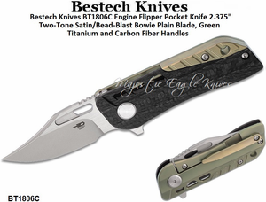 Bestech Knives BT1806C Engine Flipper Pocket Knife 2.375" Two-Tone Satin/Bead-Blast Bowie Plain Blade, Green Titanium and Carbon Fiber Handles 