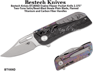 Bestech Knives BT1806D Engine Flipper Pocket Knife 2.375" Two-Tone Satin/Bead-Blast Bowie Plain Blade, Flamed Titanium and Carbon Fiber Handles 