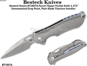 Bestech Knives BT1807A Parrot Flipper Pocket Knife 2.375" CPM-S35VN Stonewashed Drop Point, Plain Blade Titanium Handles  