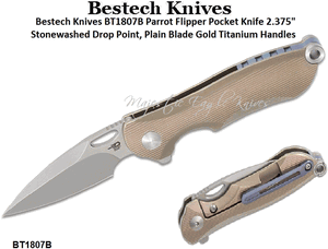 Bestech Knives BT1807B Parrot Flipper Pocket Knife 2.375" Stonewashed Drop Point, Plain Blade Gold Titanium Handles 