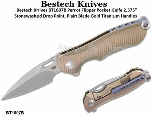 Bestech Knives BT1807B Parrot Flipper Pocket Knife 2.375" Stonewashed Drop Point, Plain Blade Gold Titanium Handles 