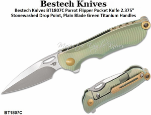 Bestech Knives BT1807C Parrot Flipper Pocket Knife 2.375" Stonewashed Drop Point, Plain Blade Green/Gold Titanium Handles Bestech Knives BT1807C Parrot Flipper Pocket Knife 2.375" Stonewashed Drop Point, Plain Blade Green/Gold Titanium Handles