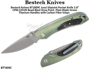 Bestech Knives BT1809C Junzi Slipjoint Pocket Knife 2.8" Bead-Blast Drop Point, Plain Blade Green Titanium Handles with Carbon Fiber Inlays 