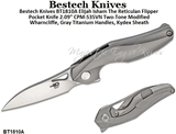Bestech Knives BT1810A Elijah Isham The Reticulan Flipper Pocket Knife 2.09" Two-Tone Modified Wharncliffe, Gray Titanium Handles, Kydex Sheath 