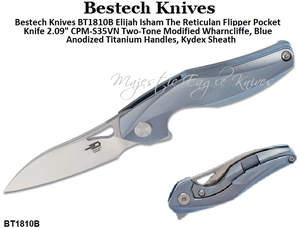 Bestech Knives BT1810B Elijah Isham The Reticulan Flipper Pocket Knife 2.09" Two-Tone Modified Wharncliffe, Blue Anodized Titanium Handles, Kydex Sheath 
