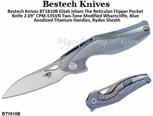 Bestech Knives BT1810B Elijah Isham The Reticulan Flipper Pocket Knife 2.09" Two-Tone Modified Wharncliffe, Blue Anodized Titanium Handles, Kydex Sheath Bestech Knives BT1810B Elijah Isham The Reticulan Flipper Pocket Knife 2.09" Two-Tone Modified Wharncliffe, Blue Anodized Titanium Handles, Kydex Sheath