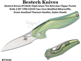Bestech Knives BT1810C Elijah Isham The Reticulan Flipper Pocket Knife 2.09" Two-Tone Modified Wharncliffe, Green Anodized Titanium Handles, Kydex Sheath 