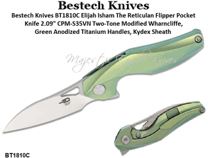 Bestech Knives BT1810C Elijah Isham The Reticulan Flipper Pocket Knife 2.09" Two-Tone Modified Wharncliffe, Green Anodized Titanium Handles, Kydex Sheath 