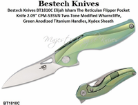 Bestech Knives BT1810C Elijah Isham The Reticulan Flipper Pocket Knife 2.09" Two-Tone Modified Wharncliffe, Green Anodized Titanium Handles, Kydex Sheath Bestech Knives BT1810C Elijah Isham The Reticulan Flipper Pocket Knife 2.09" Two-Tone Modified Wharncliffe, Green Anodized Titanium Handles, Kydex Sheath