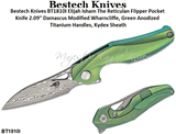 Bestech Knives BT1810I Elijah Isham The Reticulan Flipper Pocket Knife 2.09" Damascus Modified Wharncliffe, Green Anodized Titanium Handles, Kydex Sheath 