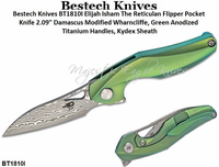Bestech Knives BT1810I Elijah Isham The Reticulan Flipper Pocket Knife 2.09" Damascus Modified Wharncliffe, Green Anodized Titanium Handles, Kydex Sheath Bestech Knives BT1810I Elijah Isham The Reticulan Flipper Pocket Knife 2.09" Damascus Modified Wharncliffe, Green Anodized Titanium Handles, Kydex Sheath