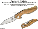 Bestech Knives BT1810J Elijah Isham The Reticulan Flipper Pocket Knife 2.09" Damascus Modified Wharncliffe, Gold Anodized Titanium Handles, Kydex Sheath 