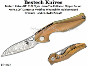Bestech Knives BT1810J Elijah Isham The Reticulan Flipper Pocket Knife 2.09" Damascus Modified Wharncliffe, Gold Anodized Titanium Handles, Kydex Sheath 