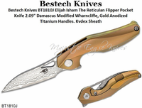Bestech Knives BT1810J Elijah Isham The Reticulan Flipper Pocket Knife 2.09" Damascus Modified Wharncliffe, Gold Anodized Titanium Handles, Kydex Sheath Bestech Knives BT1810J Elijah Isham The Reticulan Flipper Pocket Knife 2.09" Damascus Modified Wharncliffe, Gold Anodized Titanium Handles, Kydex Sheath