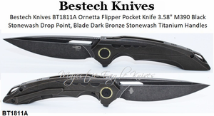 Bestech Knives BT1811A Ornetta Flipper Pocket Knife 3.58" M390 Black Stonewash Drop Point, Plain Blade Dark Bronze Stonewash Titanium Handles