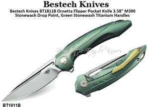 Bestech Knives BT1811B Ornetta Flipper Pocket Knife 3.58" M390 Stonewash Drop Point, Green Stonewash Titanium Handles