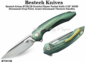 Bestech Knives BT1811B Ornetta Flipper Pocket Knife 3.58" M390 Stonewash Drop Point, Green Stonewash Titanium Handles