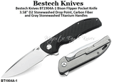 Bestech Knives BT1904A-1 Bison Flipper Pocket Knife 3.58" D2 Stonewashed Drop Point, Carbon Fiber and Gray Stonewashed Titanium Handles 