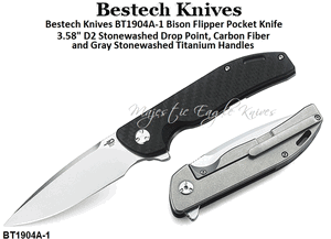 Bestech Knives BT1904A-1 Bison Flipper Pocket Knife 3.58" D2 Stonewashed Drop Point, Carbon Fiber and Gray Stonewashed Titanium Handles 