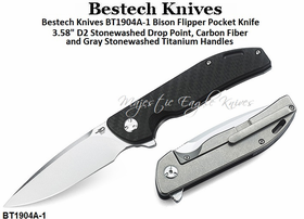 Bestech Knives BT1904A-1 Bison Flipper Pocket Knife 3.58" D2 Stonewashed Drop Point, Carbon Fiber and Gray Stonewashed Titanium Handles 