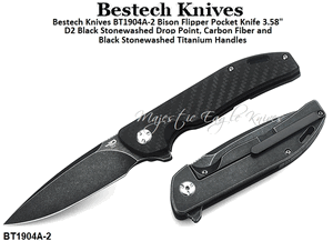 Bestech Knives BT1904A-2 Bison Flipper Pocket Knife 3.58" D2 Black Stonewashed Drop Point, Carbon Fiber and Black Stonewashed Titanium Handles 