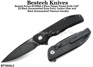 Bestech Knives BT1904A-2 Bison Flipper Pocket Knife 3.58" D2 Black Stonewashed Drop Point, Carbon Fiber and Black Stonewashed Titanium Handles Bestech Knives BT1904A-2 Bison Flipper Pocket Knife 3.58" D2 Black Stonewashed Drop Point, Carbon Fiber and Black Stonewashed Titanium Handles
