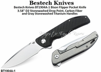 Bestech Knives BT1904B-1 Bison Flipper Knife 3.58" D2 Stonewashed Drop Point, Black G10 and Gray Stonewashed Titanium Handles Bestech Knives BT1904B-1 Bison Flipper Knife 3.58" D2 Stonewashed Drop Point, Black G10 and Gray Stonewashed Titanium Handles