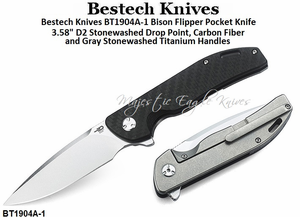 Bestech Knives BT1904B-1 Bison Flipper Knife 3.58" D2 Stonewashed Drop Point, Black G10 and Gray Stonewashed Titanium Handles 