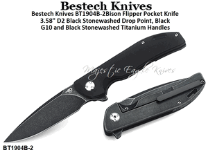Bestech Knives BT1904B-2 Bison Flipper Pocket Knife 3.58" D2 Black Stonewashed Drop Point, Black G10 and Black Stone washed Titanium Handles 