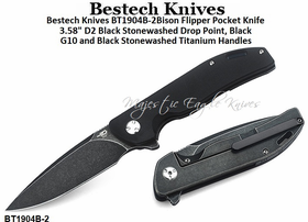Bestech Knives BT1904B-2 Bison Flipper Pocket Knife 3.58" D2 Black Stonewashed Drop Point, Black G10 and Black Stone washed Titanium Handles 