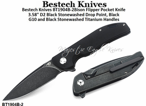 Bestech Knives BT1904B-2 Bison Flipper Pocket Knife 3.58" D2 Black Stonewashed Drop Point, Black G10 and Black Stone washed Titanium Handles Bestech Knives BT1904B-2 Bison Flipper Pocket Knife 3.58" D2 Black Stonewashed Drop Point, Black G10 and Black Stone washed Titanium Handles