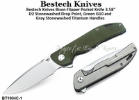 Bestech Knives BT1904C-1 Bison Flipper Pocket Knife 3.58" D2 Black Stonewashed Drop Point, Green G10 and Black Stonewashed Titanium Handles Bestech Knives BT1904C-1 Bison Flipper Pocket Knife 3.58" D2 Black Stonewashed Drop Point, Green G10 and Black Stonewashed Titanium Handles