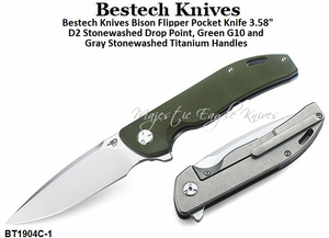 Bestech Knives BT1904C-1 Bison Flipper Pocket Knife 3.58" D2 Black Stonewashed Drop Point, Green G10 and Black Stonewashed Titanium Handles Bestech Knives BT1904C-1 Bison Flipper Pocket Knife 3.58" D2 Black Stonewashed Drop Point, Green G10 and Black Stonewashed Titanium Handles