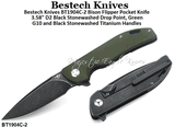 Bestech Knives BT1904C-2 Bison Flipper Pocket Knife 3.58" D2 Black Stonewashed Drop Point, Green G10 and Black Stonewashed Titanium Handles 