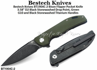 Bestech Knives BT1904C-2 Bison Flipper Pocket Knife 3.58" D2 Black Stonewashed Drop Point, Green G10 and Black Stonewashed Titanium Handles Bestech Knives BT1904C-2 Bison Flipper Pocket Knife 3.58" D2 Black Stonewashed Drop Point, Green G10 and Black Stonewashed Titanium Handles