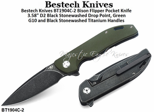 Bestech Knives BT1904C-2 Bison Flipper Pocket Knife 3.58" D2 Black Stonewashed Drop Point, Green G10 and Black Stonewashed Titanium Handles Bestech Knives BT1904C-2 Bison Flipper Pocket Knife 3.58" D2 Black Stonewashed Drop Point, Green G10 and Black Stonewashed Titanium Handles